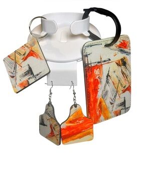Hand-Crafted Abstract Luggage Tag Earrings Keychain Set New W/O Tags